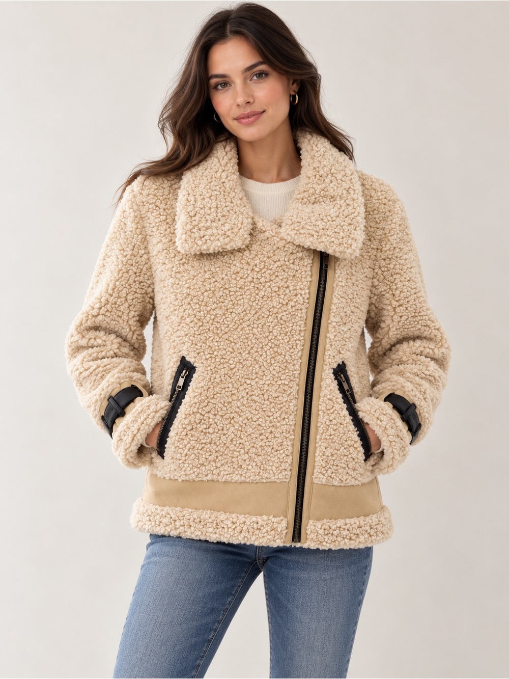 GB Gianni Bini Sherpa Moto Aviator Jacket Cream Beige Faux Shearling Medium